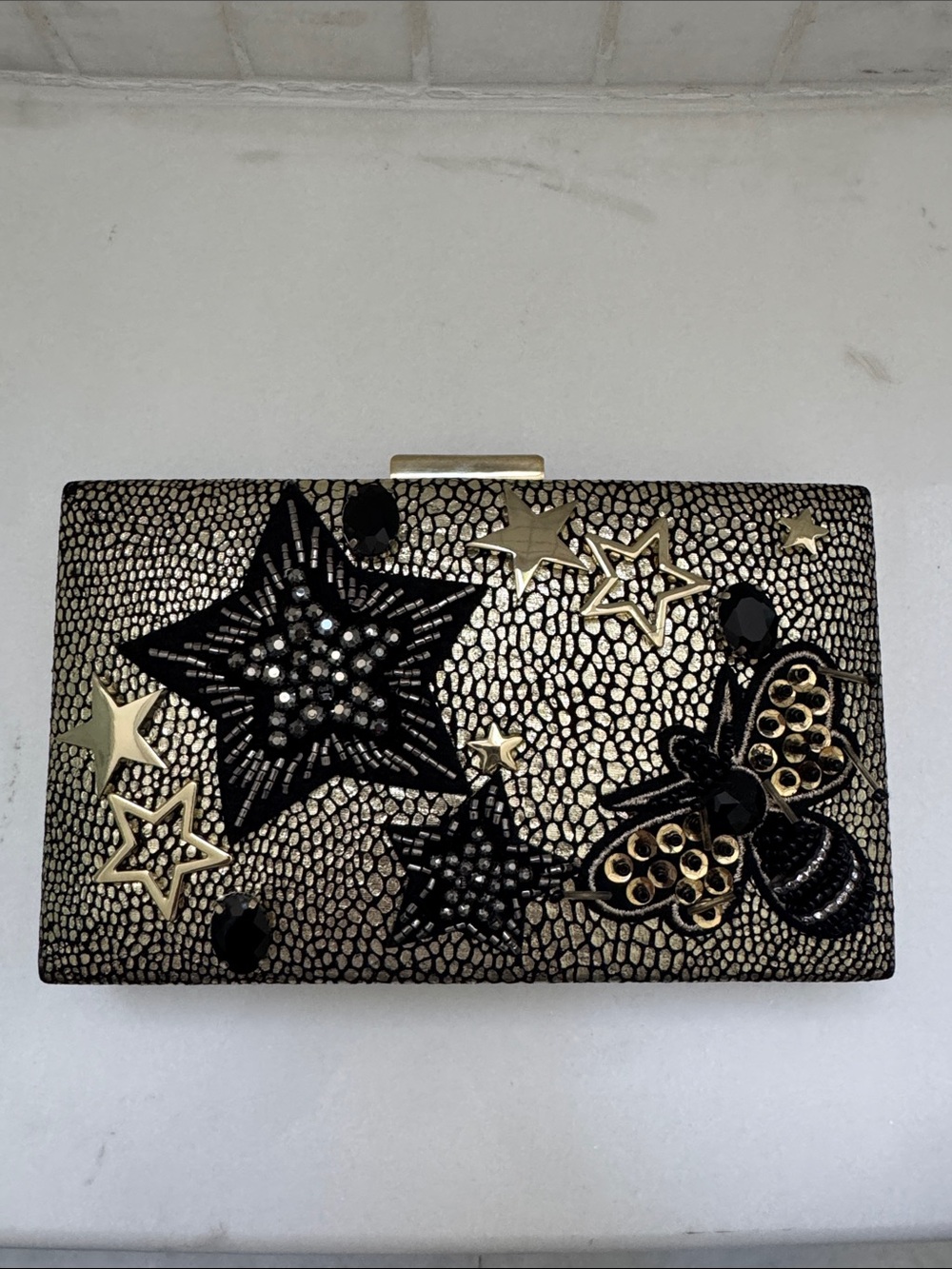 Nordstrom Gold and Black Star & Bee Embellished Evening Clutch